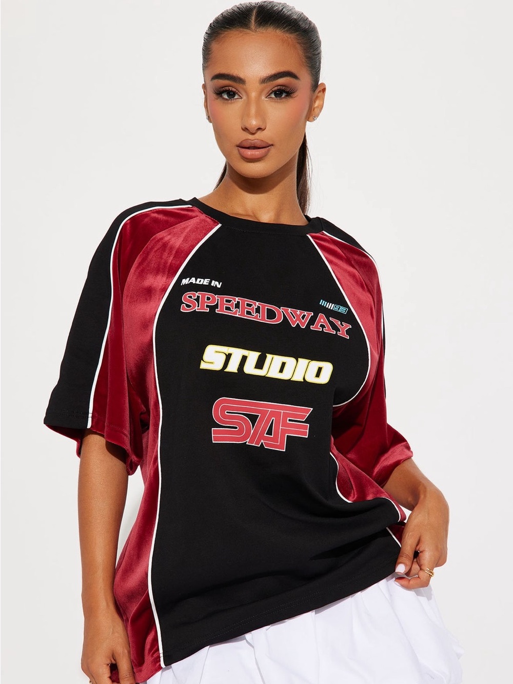 Fashion Nova Black & Burgundy Speedway Studio Graphic Top